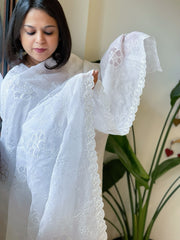 White Jaal Cut Work Dupatta in Kota Cotton