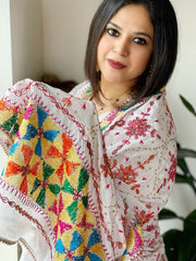 White Handmade Phulkari Dupatta in Pure Chinon with Gotapatti Handwork