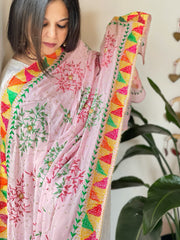 Pink Handmade Phulkari Dupatta in Pure Chinon with Gotapatti Handwork