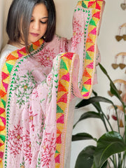 Pink Handmade Phulkari Dupatta in Pure Chinon with Gotapatti Handwork