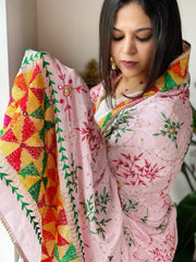 Pink Handmade Phulkari Dupatta in Pure Chinon with Gotapatti Handwork