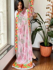 Pink Handmade Phulkari Dupatta in Pure Chinon with Gotapatti Handwork