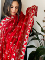 Red Handmade Phulkari Dupatta in Pure Chinon with Gotapatti Handwork