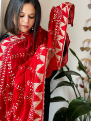 Red Handmade Phulkari Dupatta in Pure Chinon with Gotapatti Handwork