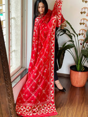 Red Handmade Phulkari Dupatta in Pure Chinon with Gotapatti Handwork