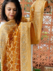 Yellow Handwoven NeemZari Bareek Bandhani with Dabka Handwork in Pure Georgette