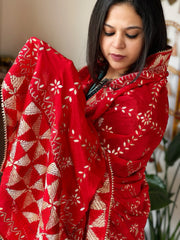Red Handmade Phulkari Dupatta in Pure Chinon with Gotapatti Handwork