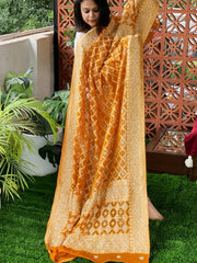 Yellow Handwoven NeemZari Bareek Bandhani with Dabka Handwork in Pure Georgette