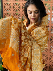 Yellow Handwoven NeemZari Bareek Bandhani with Dabka Handwork in Pure Georgette