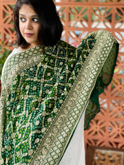 Green Handwoven NeemZari Bareek Bandhani with Dabka Handwork in Pure Georgette