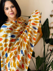 Handpainted & Batik Hand Dyed Dupatta in Handwoven Mul Silk