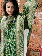 Green Handwoven NeemZari Bareek Bandhani with Dabka Handwork in Pure Georgette