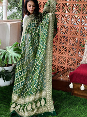 Green Handwoven NeemZari Bareek Bandhani with Dabka Handwork in Pure Georgette