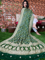 Green Handwoven NeemZari Bareek Bandhani with Dabka Handwork in Pure Georgette
