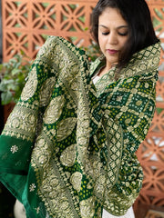 Green Handwoven NeemZari Bareek Bandhani with Dabka Handwork in Pure Georgette