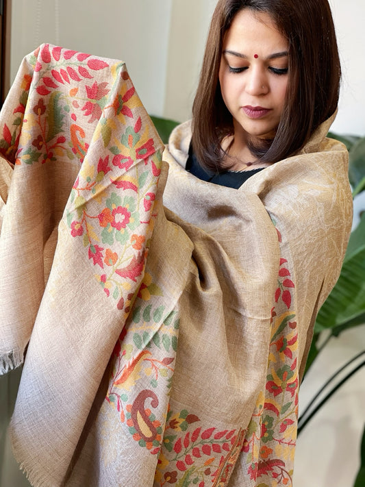 Lite Brown Woven Pashmina Zari Shawl with Kaani Pallu