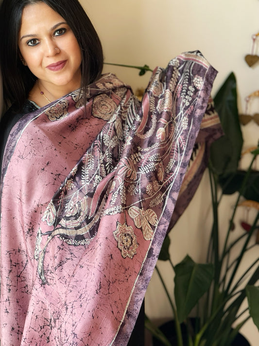Handpainted & Batik Hand Dyed Dupatta in Handwoven Mul Silk
