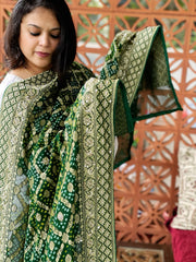 Green Handwoven NeemZari Bareek Bandhani with Dabka Handwork in Pure Georgette