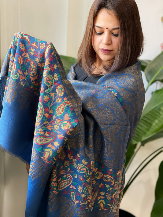 Blue Woven Pashmina Zari Shawl with Kaani Pallu
