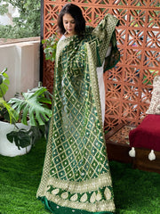 Green Handwoven NeemZari Bareek Bandhani with Dabka Handwork in Pure Georgette