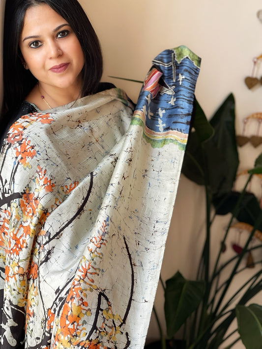 Handpainted & Batik Hand Dyed Dupatta in Handwoven Mul Silk