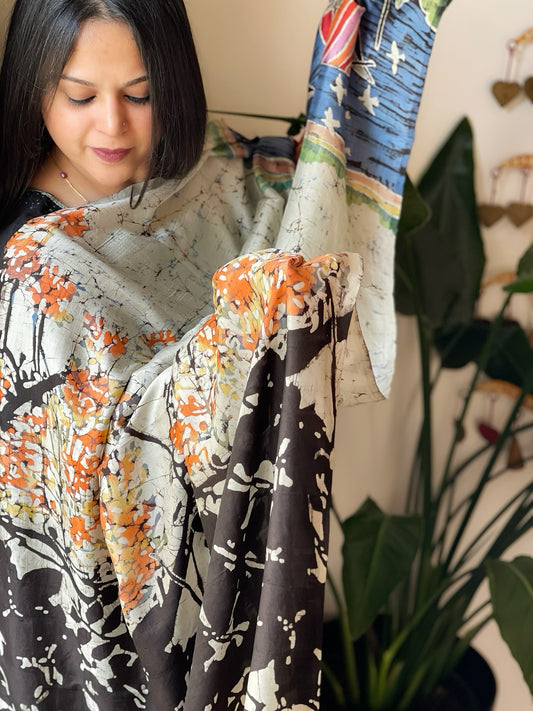 Handpainted & Batik Hand Dyed Dupatta in Handwoven Mul Silk