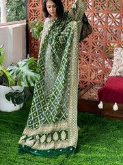 Green Handwoven NeemZari Bareek Bandhani with Dabka Handwork in Pure Georgette