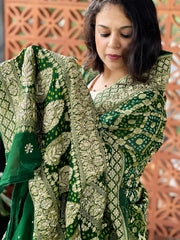 Green Handwoven NeemZari Bareek Bandhani with Dabka Handwork in Pure Georgette