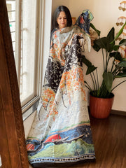 Handpainted & Batik Hand Dyed Dupatta in Handwoven Mul Silk