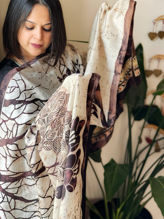 Handpainted & Batik Hand Dyed Dupatta in Handwoven Mul Silk