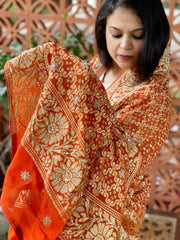 Orange Handwoven NeemZari Bareek Bandhani with Dabka Handwork in Pure Georgette