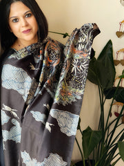 Handpainted & Batik Hand Dyed Dupatta in Handwoven Mul Silk