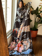 Handpainted & Batik Hand Dyed Dupatta in Handwoven Mul Silk