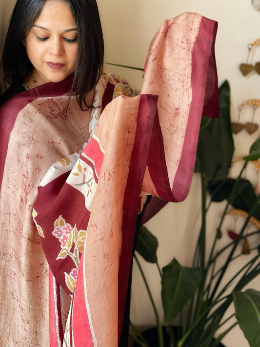 Handpainted & Batik Hand Dyed Dupatta in Handwoven Mul Silk