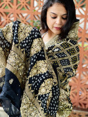 Black Handwoven NeemZari Bareek Bandhani with Dabka Handwork in Pure Georgette