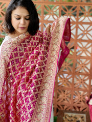 Hot Pink Handwoven NeemZari Bareek Bandhani with Dabka Handwork in Pure Georgette