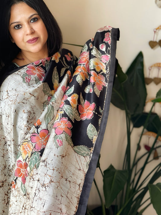 Handpainted & Batik Hand Dyed Dupatta in Handwoven Mul Silk