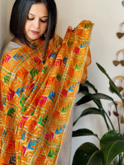 Orangish Yellow Handmade Phulkari Dupatta in Pure Chinon with Gota Handwork