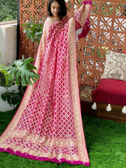 Hot Pink Handwoven NeemZari Bareek Bandhani with Dabka Handwork in Pure Georgette