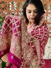 Hot Pink Handwoven NeemZari Bareek Bandhani with Dabka Handwork in Pure Georgette