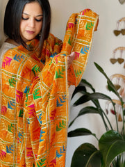 Orangish Yellow Handmade Phulkari Dupatta in Pure Chinon with Gota Handwork