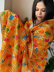 Orangish Yellow Handmade Phulkari Dupatta in Pure Chinon with Gota Handwork