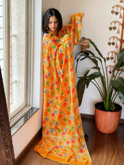Orangish Yellow Handmade Phulkari Dupatta in Pure Chinon with Gota Handwork