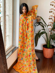 Orangish Yellow Handmade Phulkari Dupatta in Pure Chinon with Gota Handwork