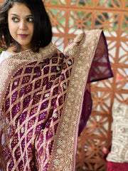 Wine Handwoven NeemZari Bareek Bandhani with Dabka Handwork in Pure Georgette