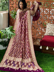Wine Handwoven NeemZari Bareek Bandhani with Dabka Handwork in Pure Georgette