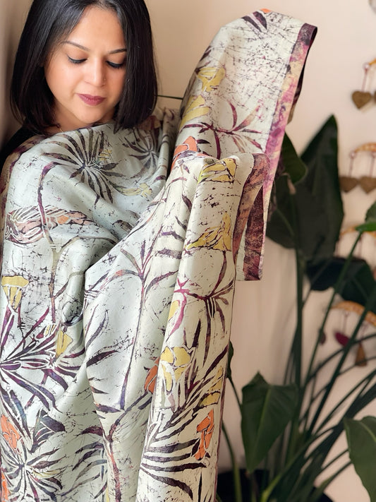 Handpainted & Batik Hand Dyed Dupatta in Handwoven Mul Silk