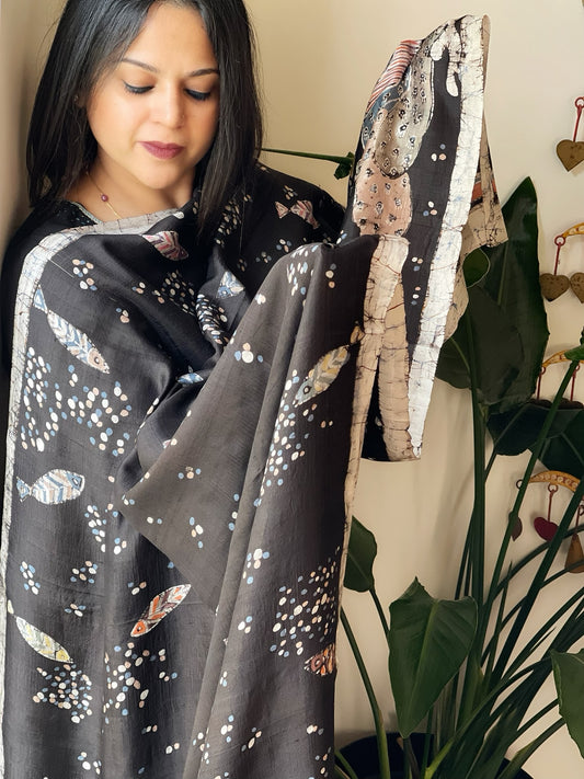 Handpainted & Batik Hand Dyed Dupatta in Handwoven Mul Silk