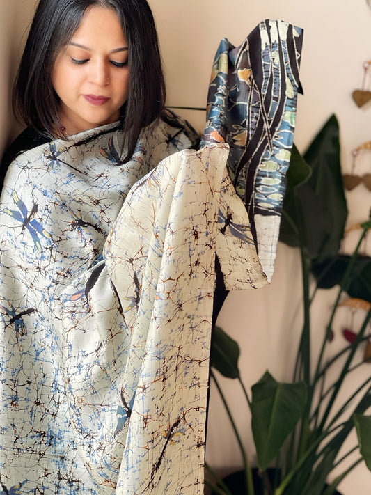 Handpainted & Batik Hand Dyed Dupatta in Handwoven Mul Silk