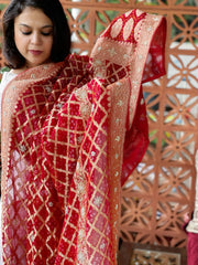 Red Handwoven NeemZari Bareek Bandhani with Dabka Handwork in Pure Georgette